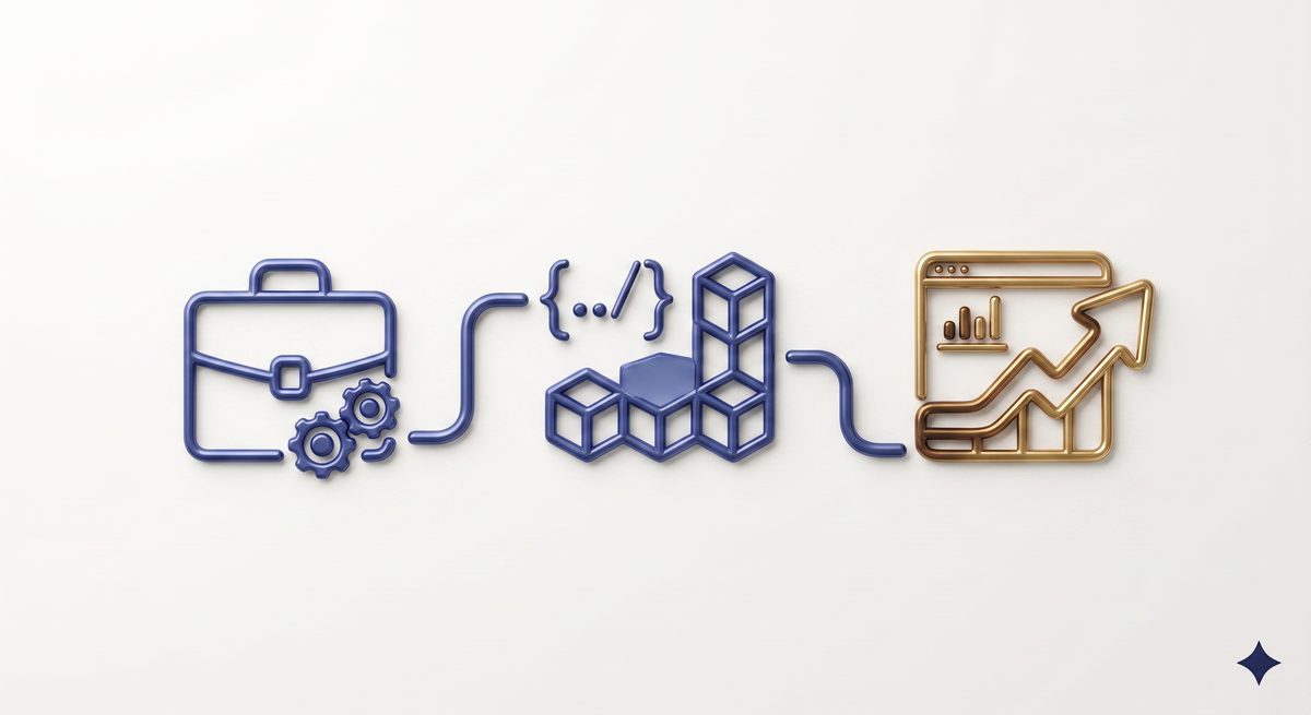 Illustration: a business, connected to building blocks of software, connected to a growing revenue chart
