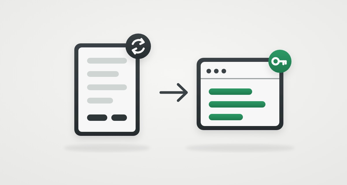 A monthly bill with a renewal symbol and an arrow to an app window with a green key, showing a small business replacing a subscription with software it owns