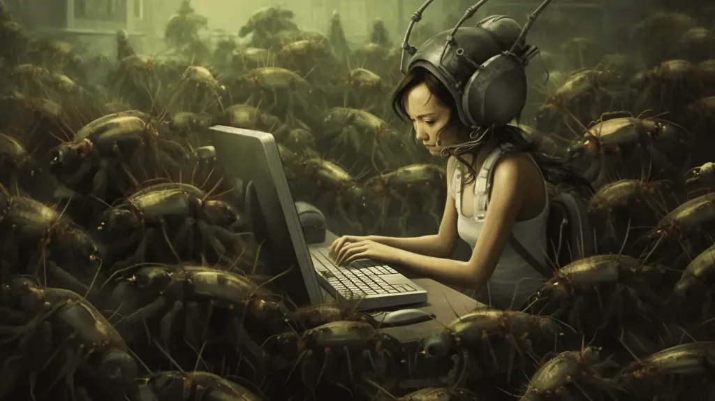 Illustrated developer resolving software development challenges and bugs