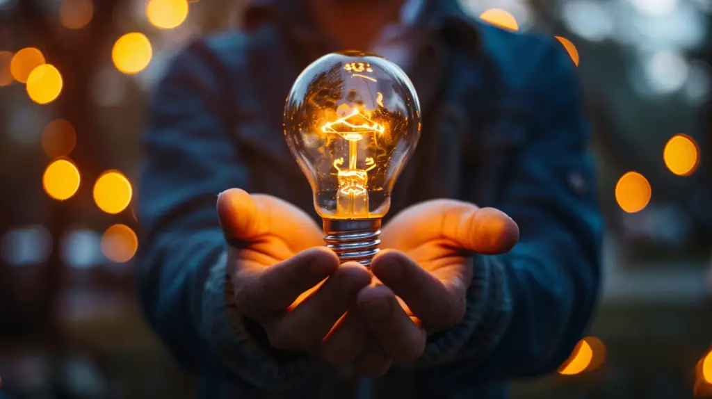 Hands holding a lit lightbulb representing new product ideas